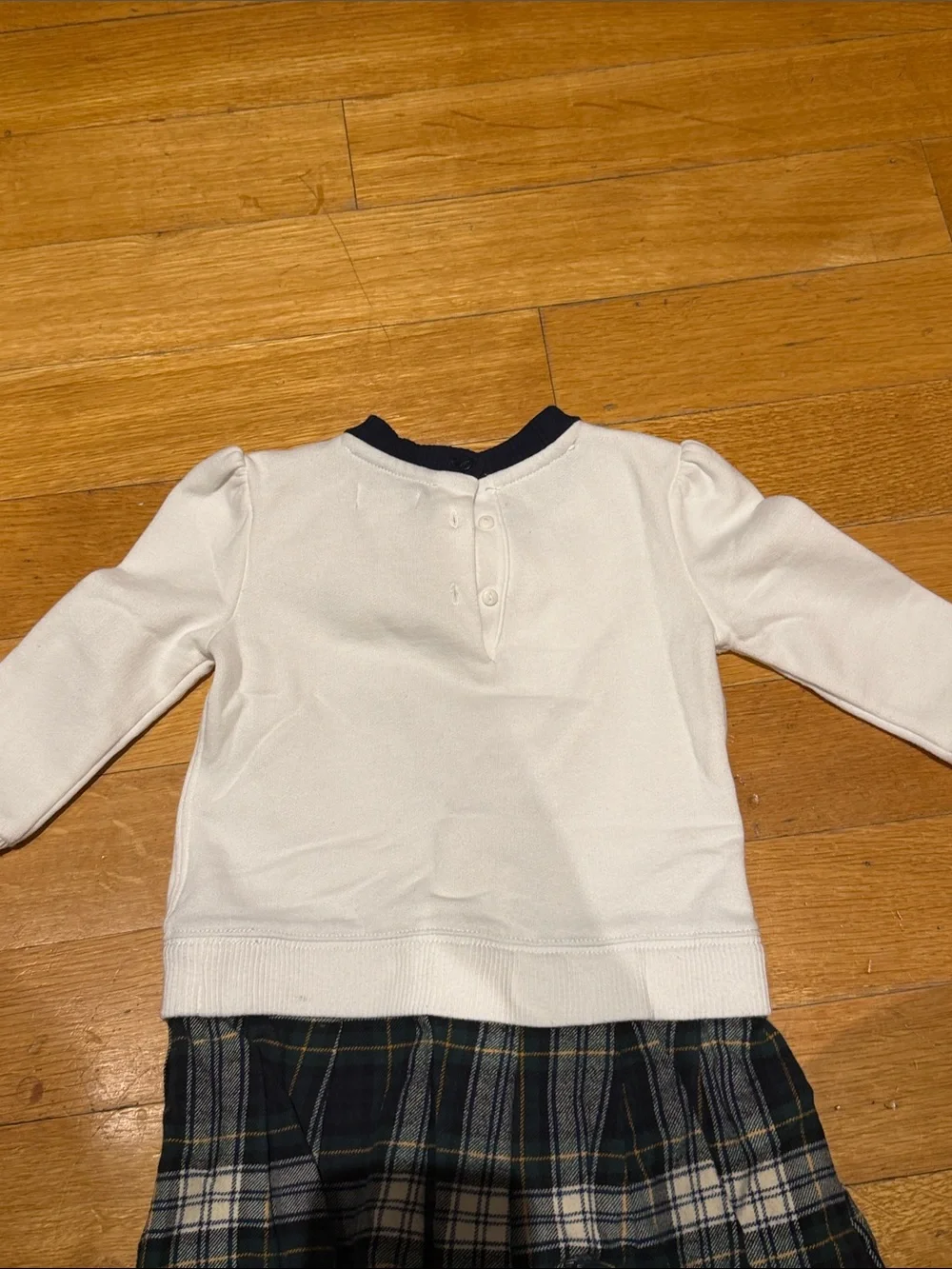 Ralph Lauren Cream Knit Dress with Navy Trim and Green Plaid Skirt - Kids 18M